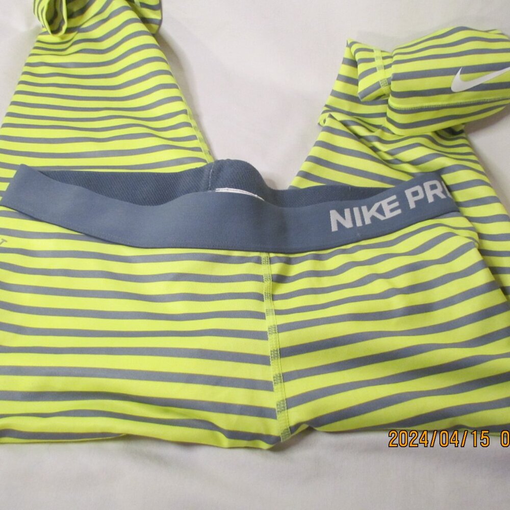 Nike Pro Neon Green and Gray striped Womens leggings.